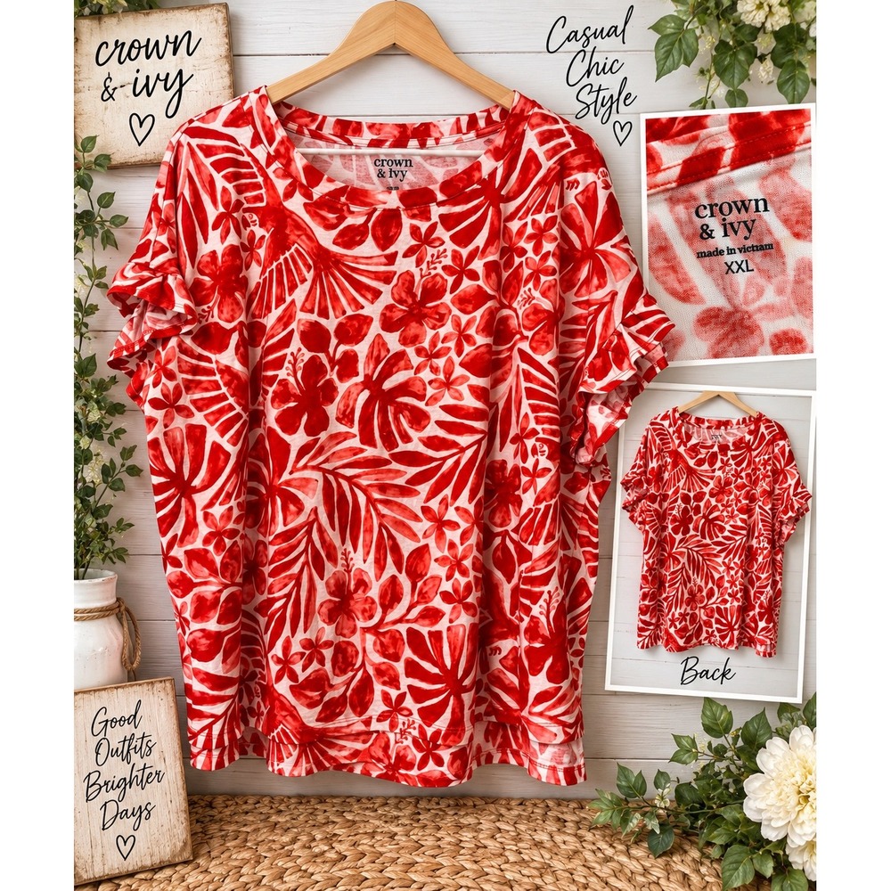 Crown & Ivy Red White Tropical Floral Ruffle Sleeve Top XXL Cotton Modal Blouse